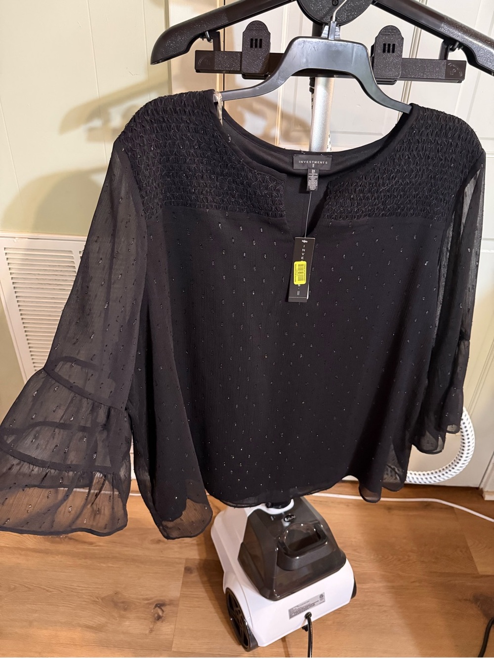 NWT Investments 3X Black Sheer Bell-Sleeve Blouse